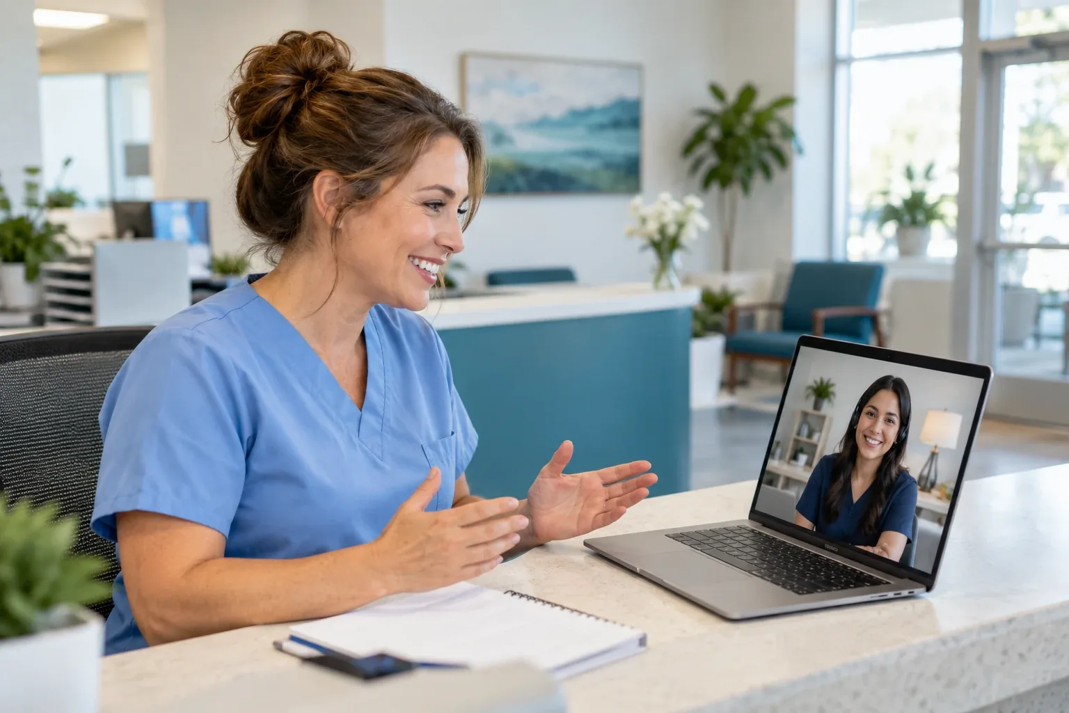 Healthcare practice administrator speaking with a remote medical assistant over a laptop video call