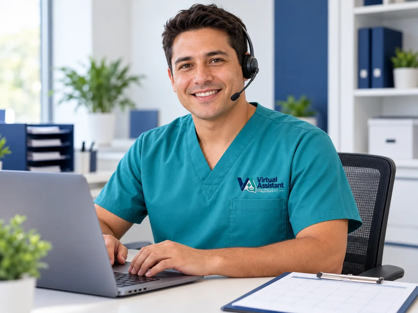Virtual medical administrative assistant wearing a headset and VAM-branded scrubs while supporting a practice at a laptop