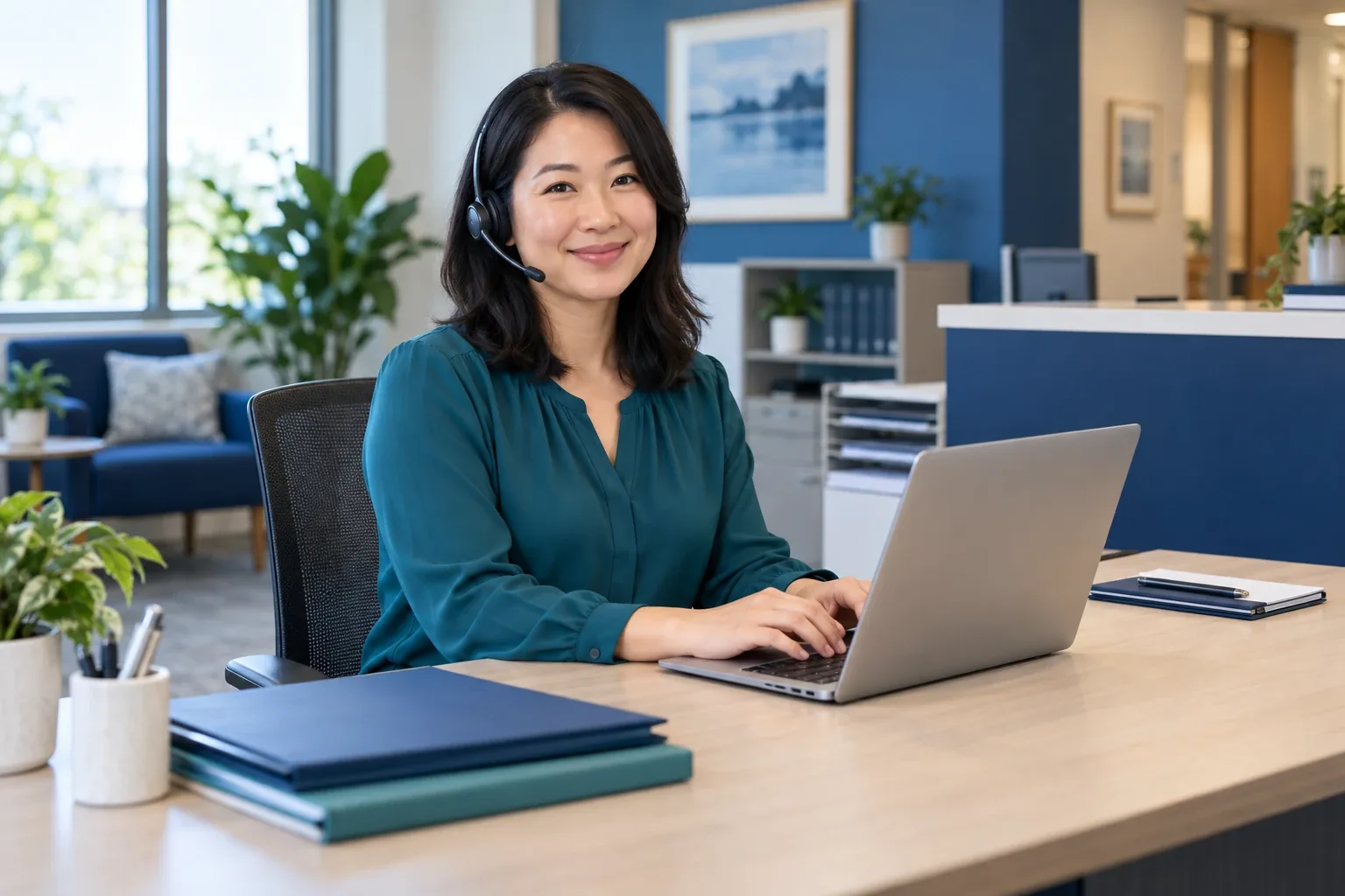 A virtual medical administrative assistant wearing a headset and organizing practice work at a laptop