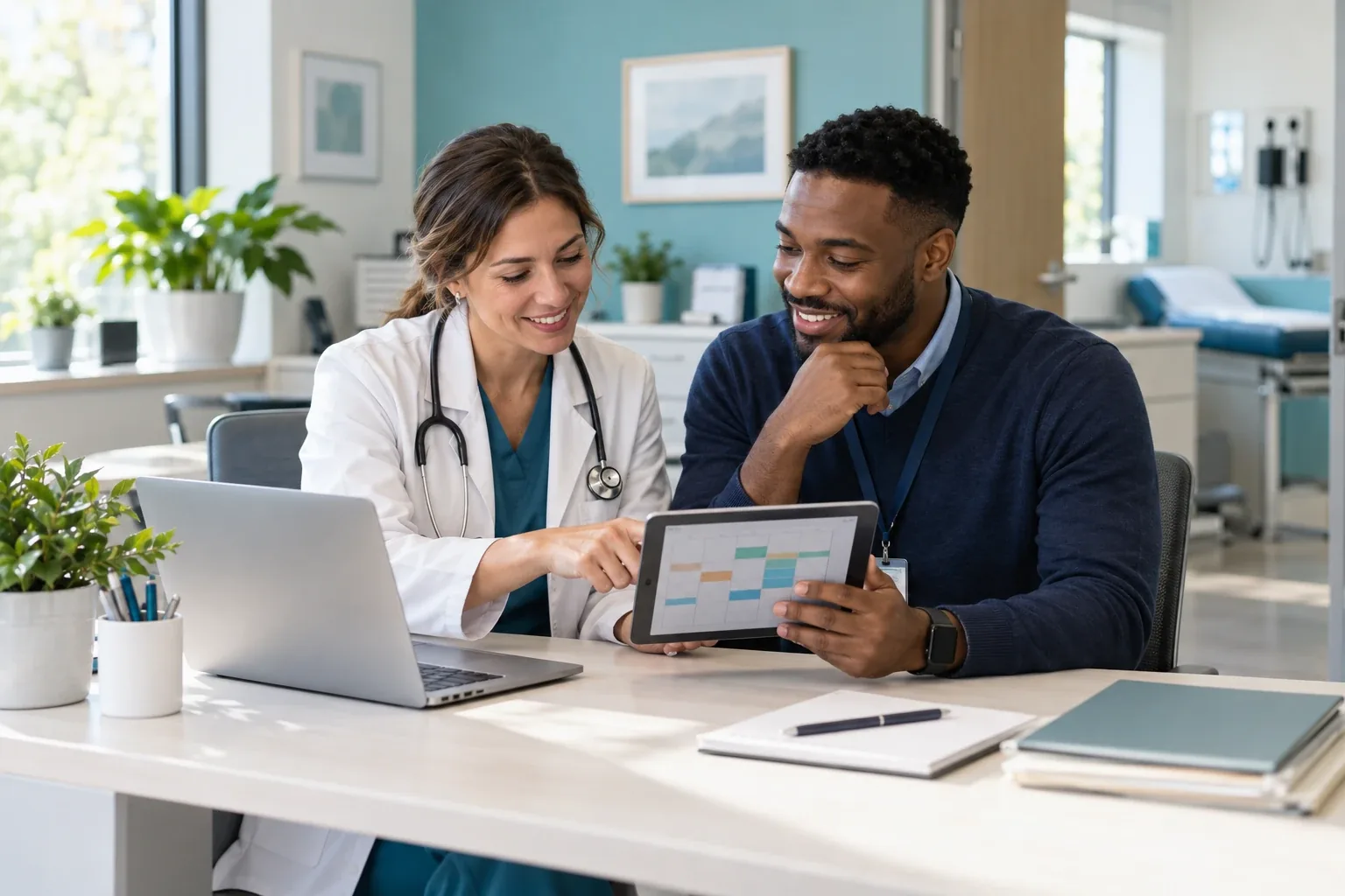 Physician and medical administrator reviewing the practice workflow
