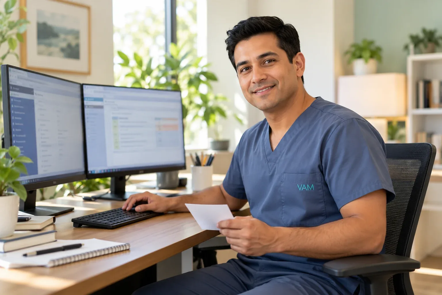 VAM-branded medical coding professional reviewing work at a dual-monitor workstation