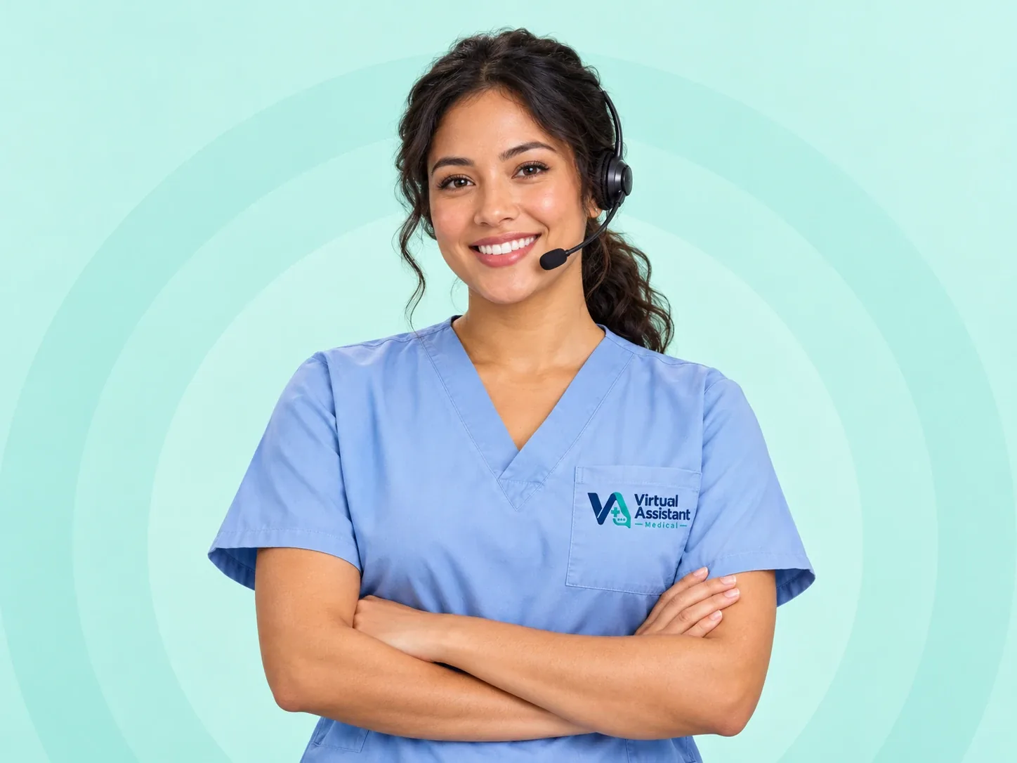 Female medical virtual assistant wearing a headset and scrubs with VAM branding