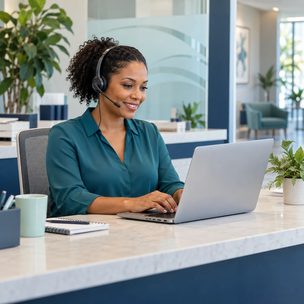 Receptionist with a headset working at a laptop in a bright medical office