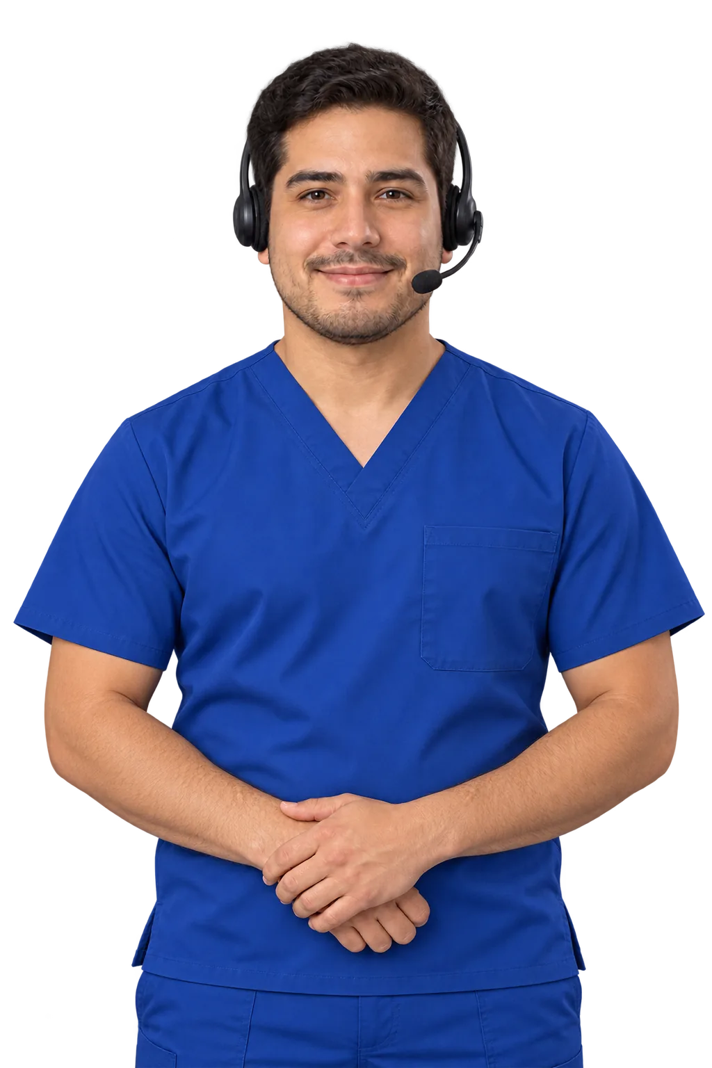 VAM medical billing assistant in blue scrubs wearing a headset
