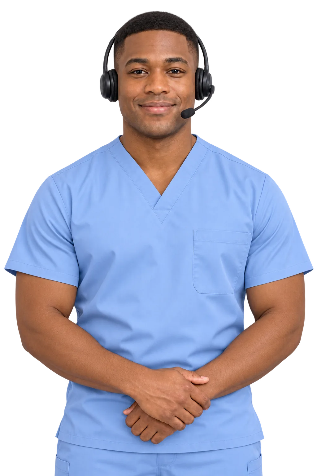 Virtual medical scribe wearing blue scrubs and a headset