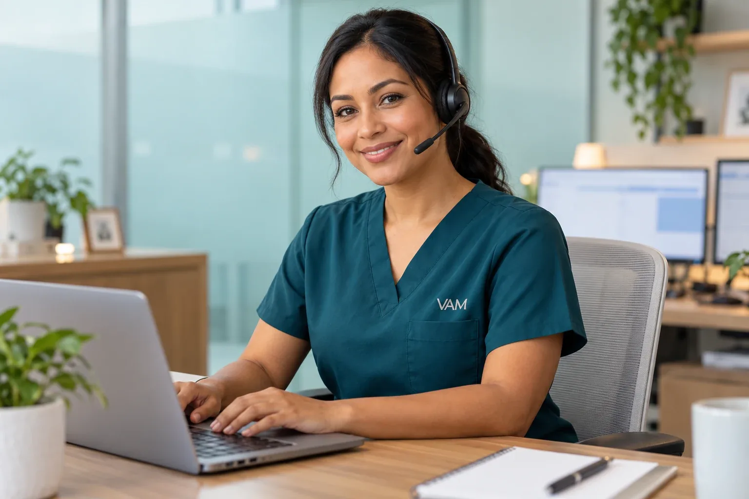 VAM virtual assistant in teal scrubs coordinating remote healthcare support at a laptop