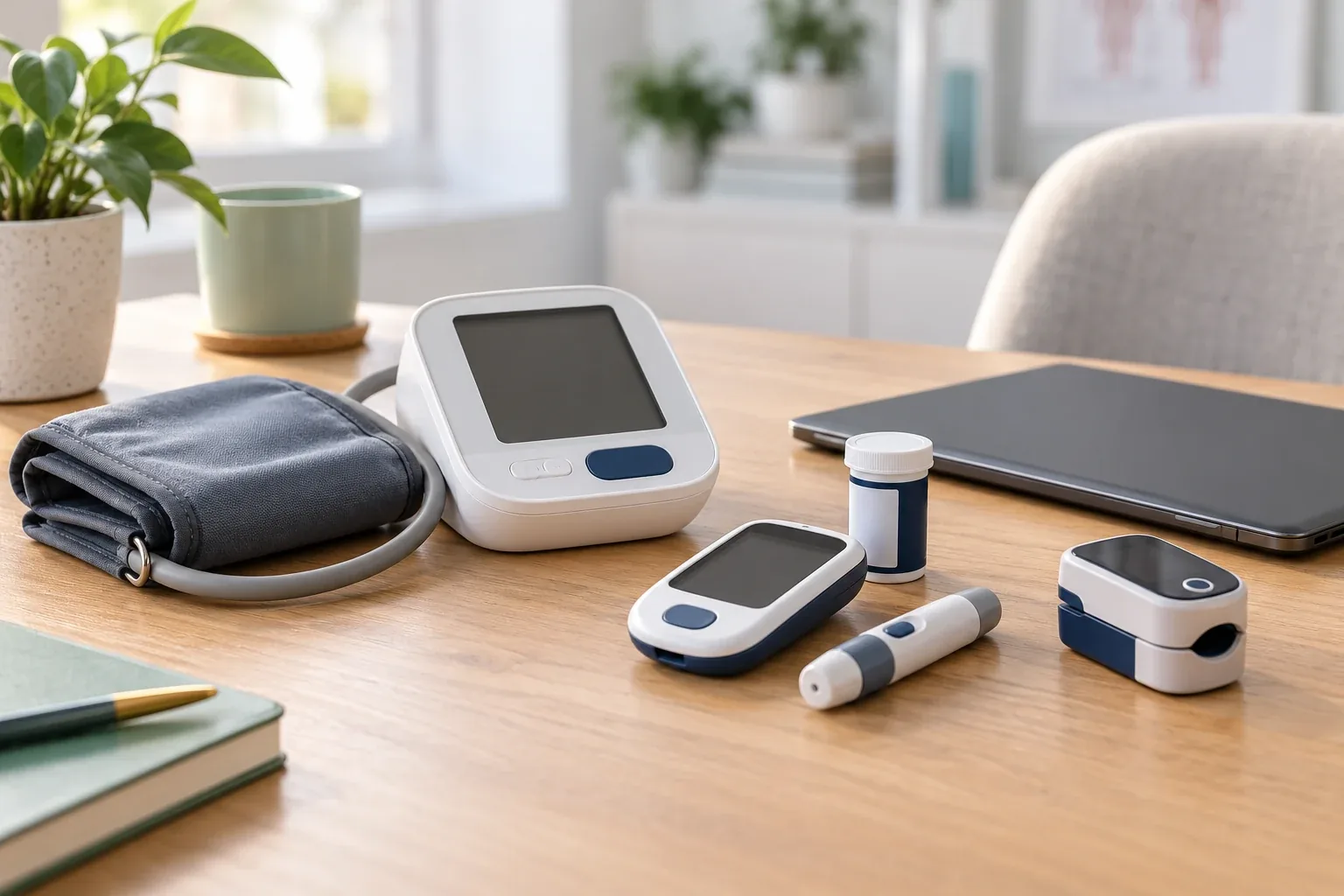 Blood pressure monitor, glucose meter, and pulse oximeter arranged beside a tablet
