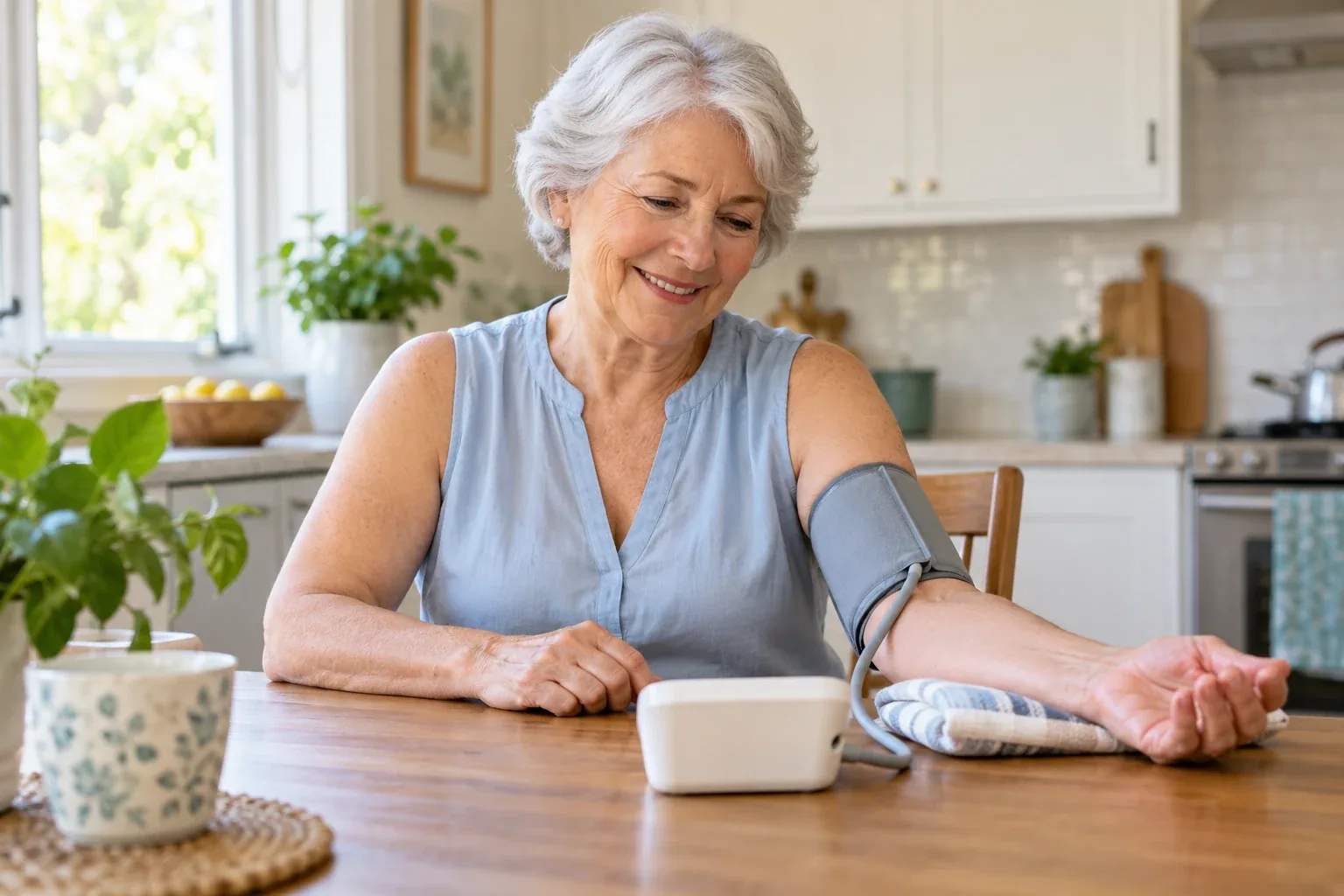 Older patient taking a blood pressure reading with an upper-arm cuff at home