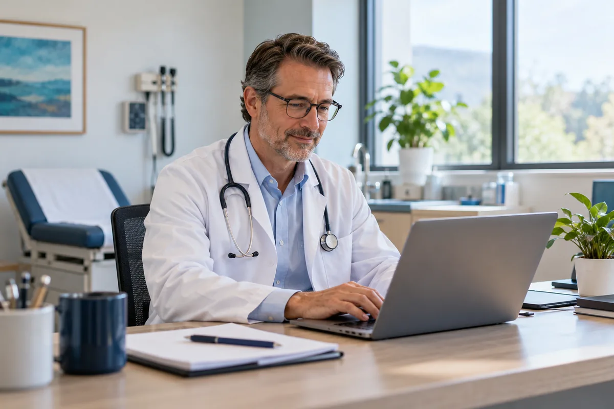 Physician in a white coat reviewing information at a laptop
